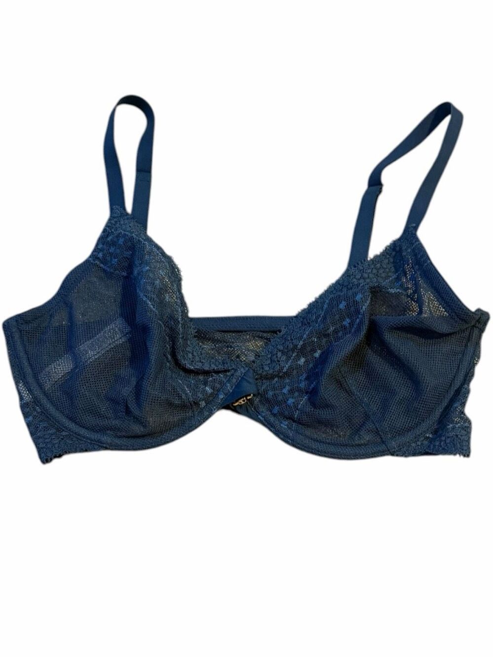 VICTORIA’S SECRET Incredible Unlined Plunge Bra Blue Lace Mesh Underwire 32DD